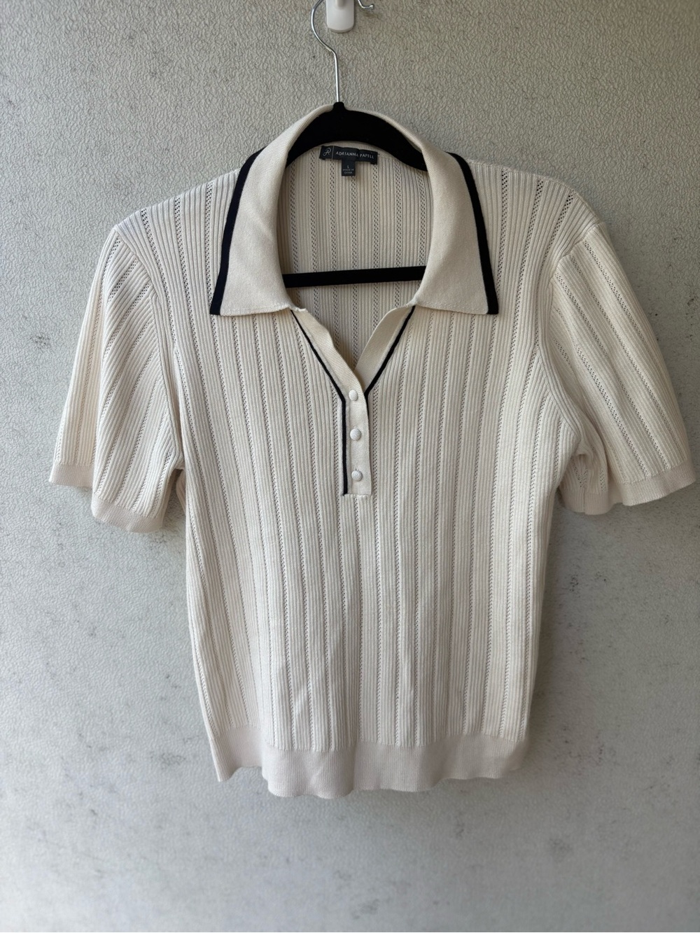 Adrianna Papell Ivory Pointelle Knit Polo Top Size L
